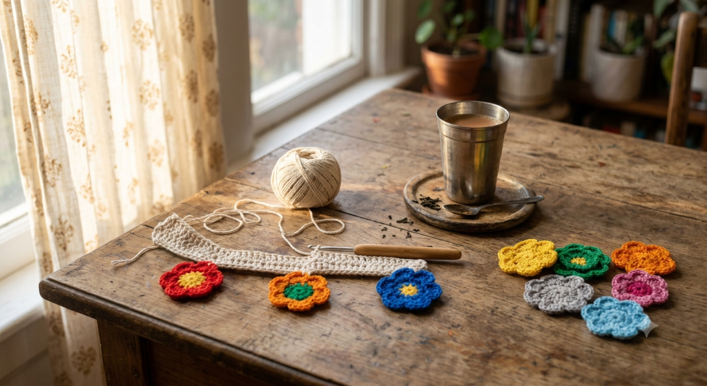 Cream crochet toran with nine colourful crochet flowers hanging near a Navratri puja corner