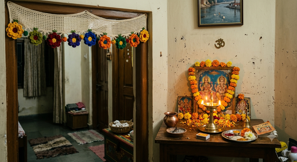 Cream crochet toran with nine colourful crochet flowers hanging near a Navratri puja corner