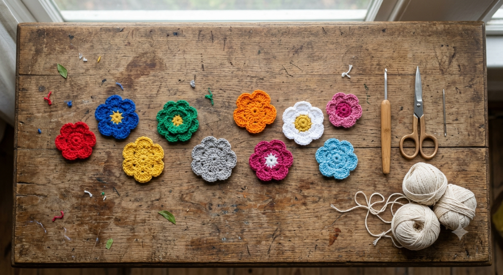 Cream crochet toran with nine colourful crochet flowers hanging near a Navratri puja corner