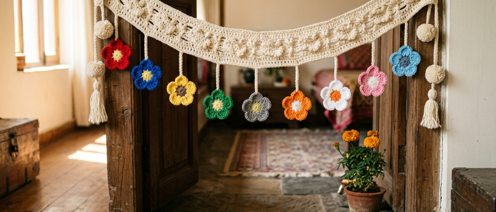 Cream crochet toran with nine colourful crochet flowers hanging near a Navratri puja corner
