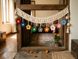 Cream crochet toran with nine colourful crochet flowers hanging near a Navratri puja corner