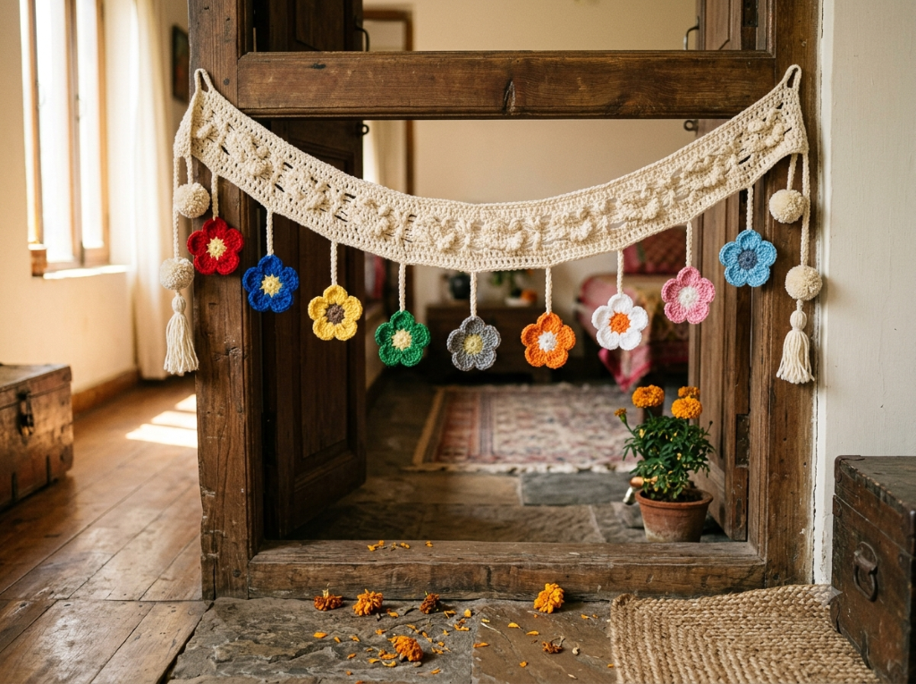 Cream crochet toran with nine colourful crochet flowers hanging near a Navratri puja corner